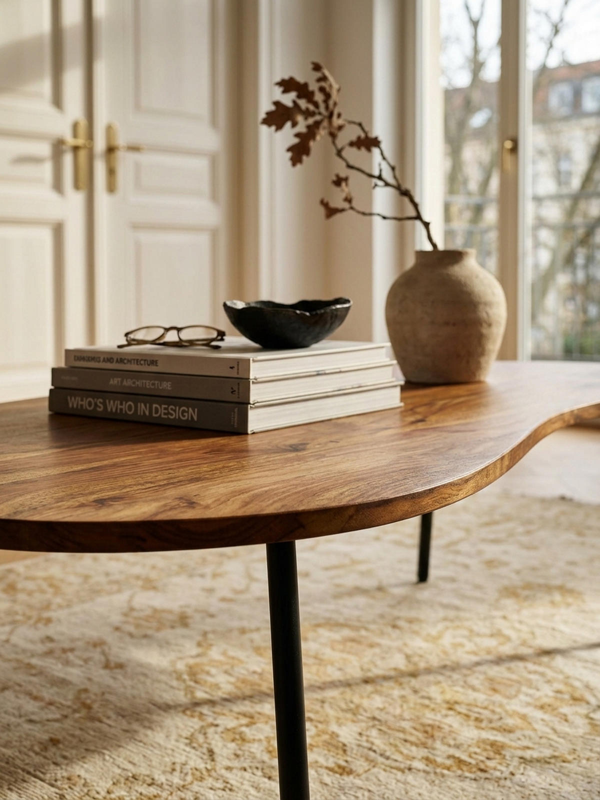 COUCHTISCH Retro-Stil mit Nierenform, Massivholz, Metallbeine, pflegeleichte Tischplatte, Braun 122x63x36 cm - Schwarz/Braun, Holz/Metall (63/122/36cm) - KADIMA DESIGN