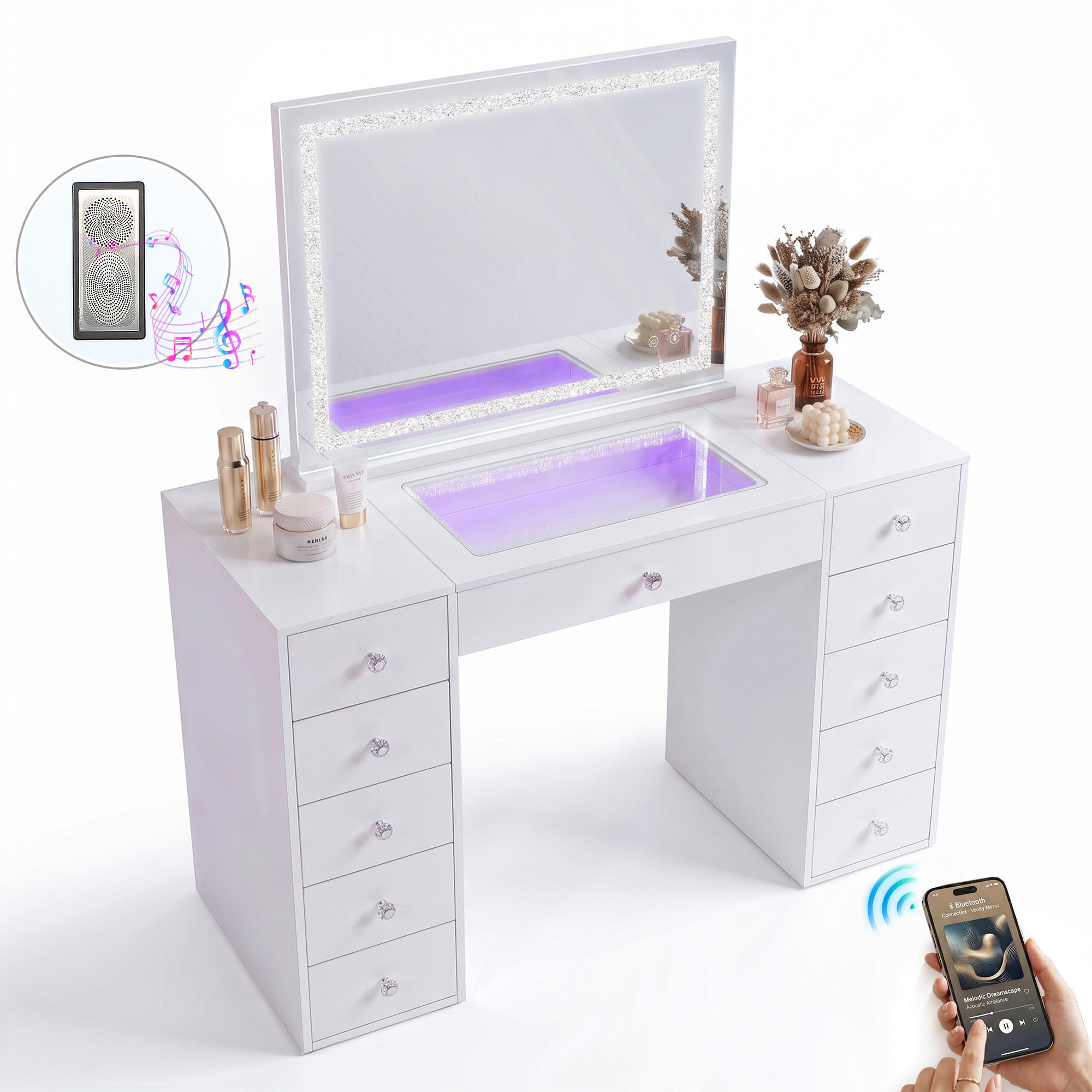SCHMINKTISCH mit Spiegel Beleuchtung LED Bluetooth 11 Schubladen Weiβ 130/55/139 CM - Weiß, Holz/Metall (130/81/55cm) - VANITII