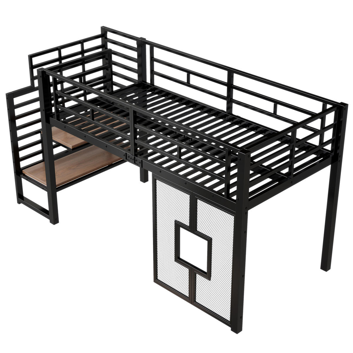 HOCHBETT 90/200 cm mit Stauraumtreppe, LED-Beleuchtung und Fenstern, Schwarz - Schwarz, Metall (90/200cm) - Redom