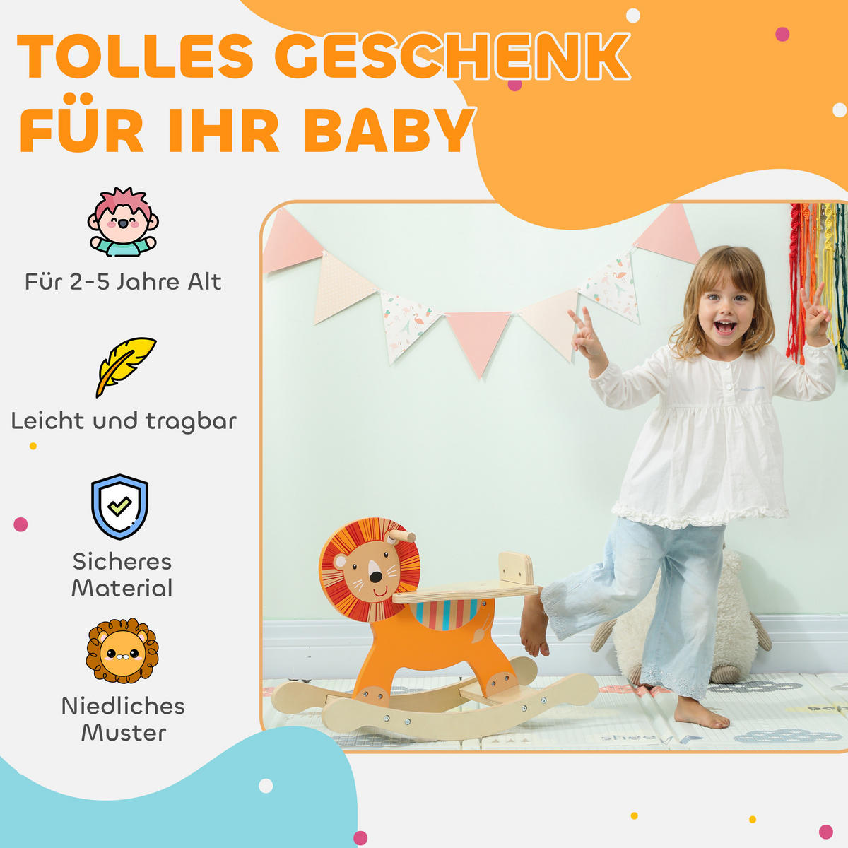 SCHAUKELPFERD Schaukeltier Löwe mit Haltegriffen Baby Schaukelspielzeug Schaukel - Orange, Holzwerkstoff (27/44/59cm) - AIYAPLAY