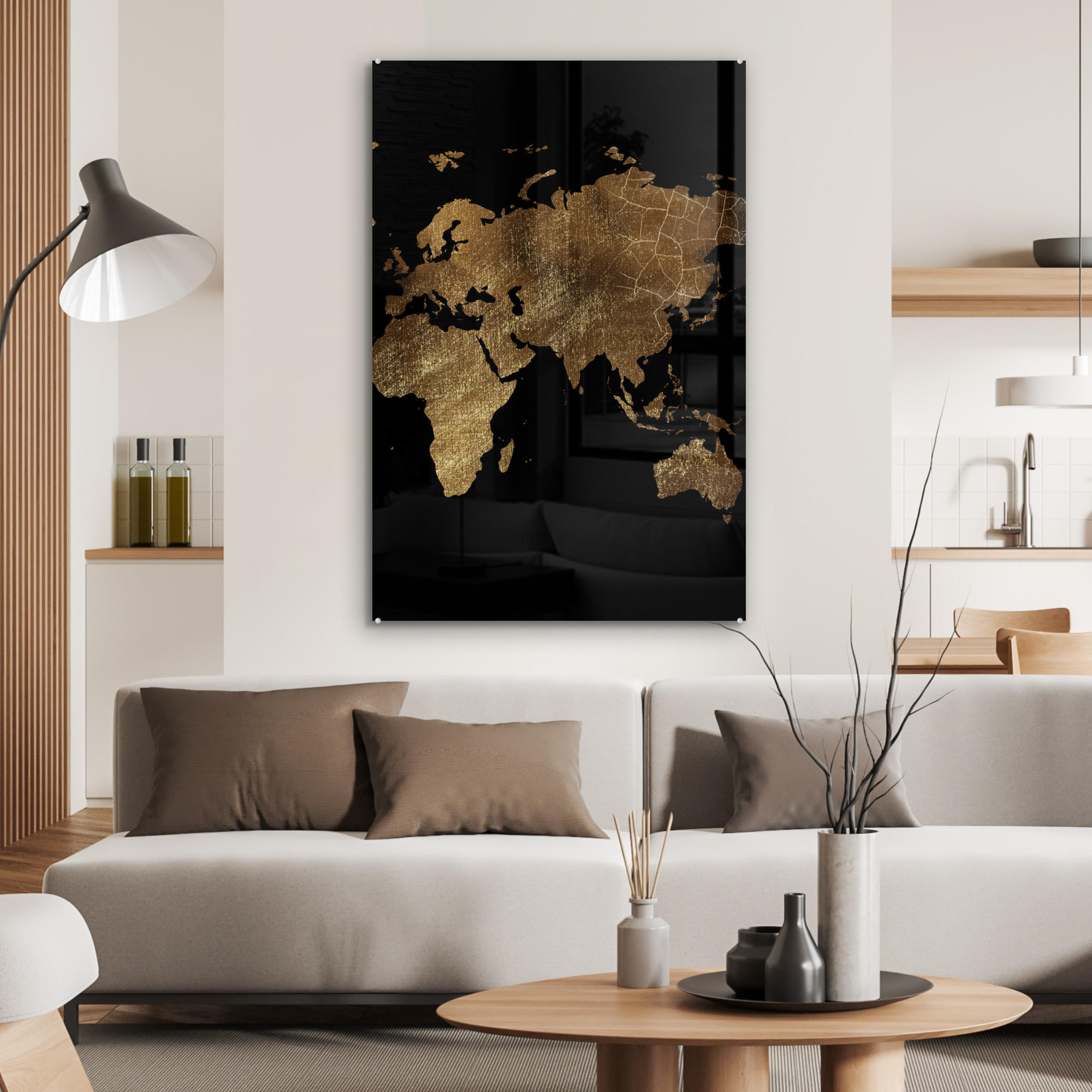 ACRYLGLASBILD Weltkarte - Gold - Luxus - Erde - Schwarz 60x90 cm - Goldfarben, Glas (60/90cm) - MuchoWow
