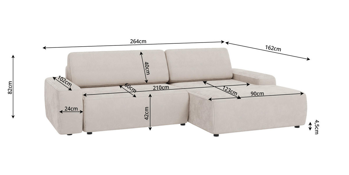 ECKSOFA Nancy Beige Cord - Beige/Schwarz, Holz/Kunststoff (264/162cm) - S-Style Möbel