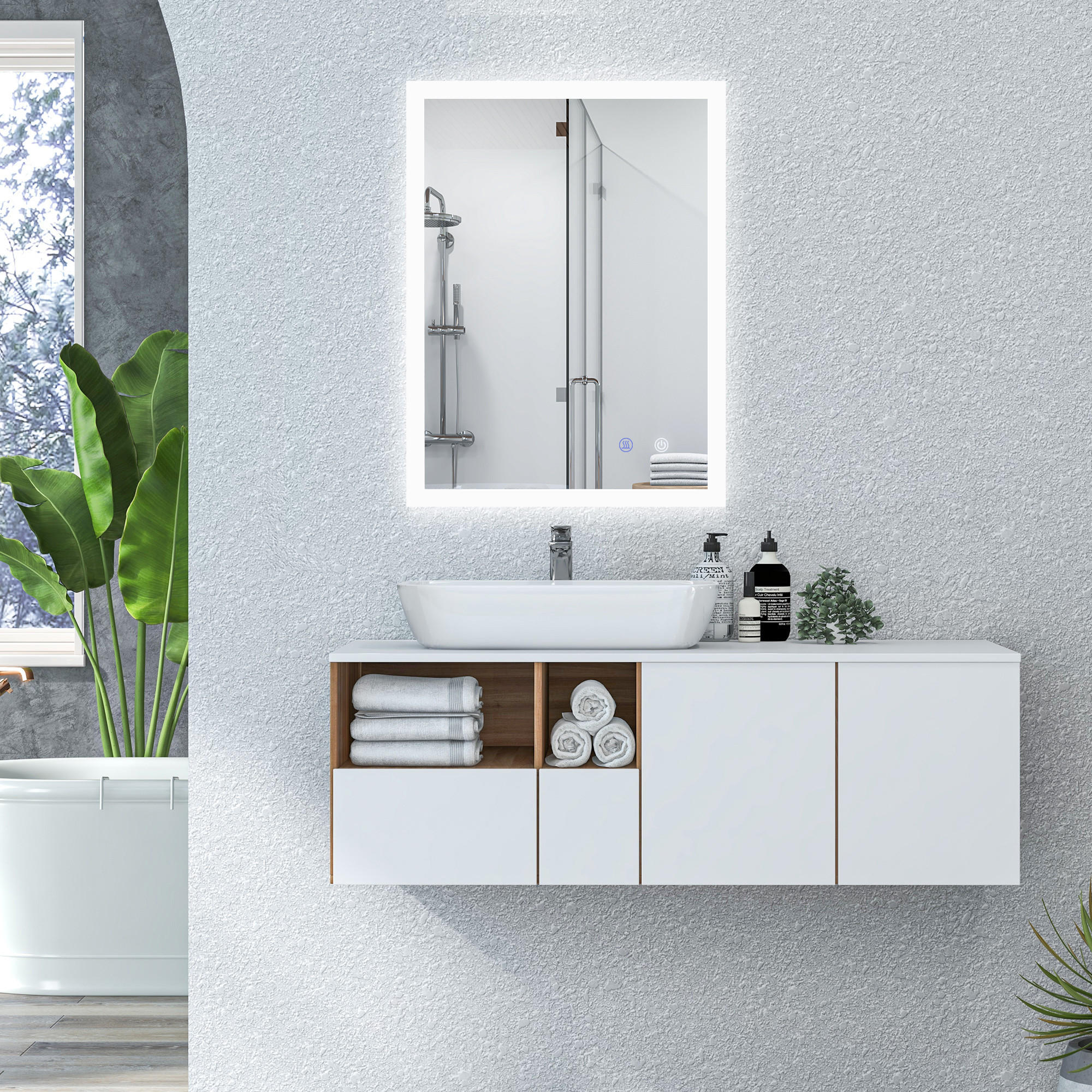 BADSPIEGEL, Badezimmerspiegel mit LED-Beleuchtung, Memory-Funktion, 80 x 60 cm - Silberfarben, Glas (60/3/80cm) - Kleankin