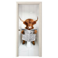TÜRAUFKLEBER Scottish Highlander - Zeitung - WC - Tier 90x235 cm - Türtapete - Weiß, Kunststoff (90/0.1cm) - MuchoWow