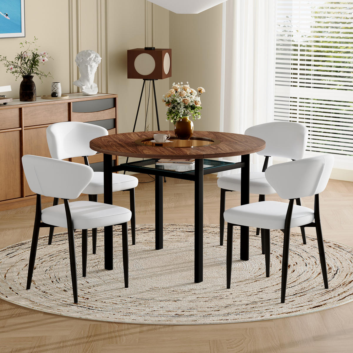 ESSGRUPPE DE-39356 5-teilig, mit 4 PU-Sesseln und Glasintarsie Braun/Weiß - Weiß, Metall (100/76/100cm) - ComfortXL
