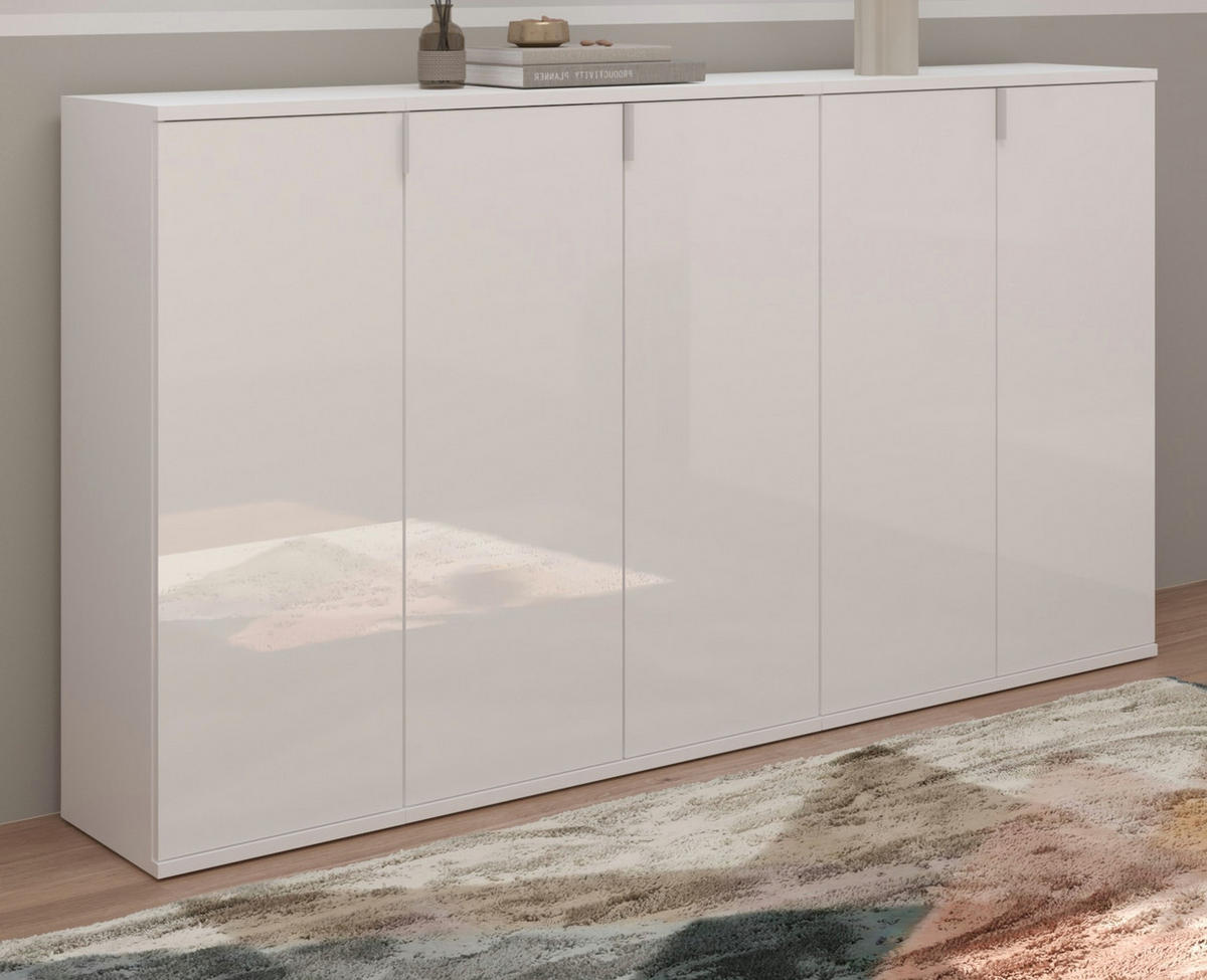 KOMMODE weiß Hochglanz 152 cm, Sideboard mit 16 Fächern - Chromfarben/Weiß Hochglanz, Holzwerkstoff/Metall (152/99/34cm) - Inn.Furn
