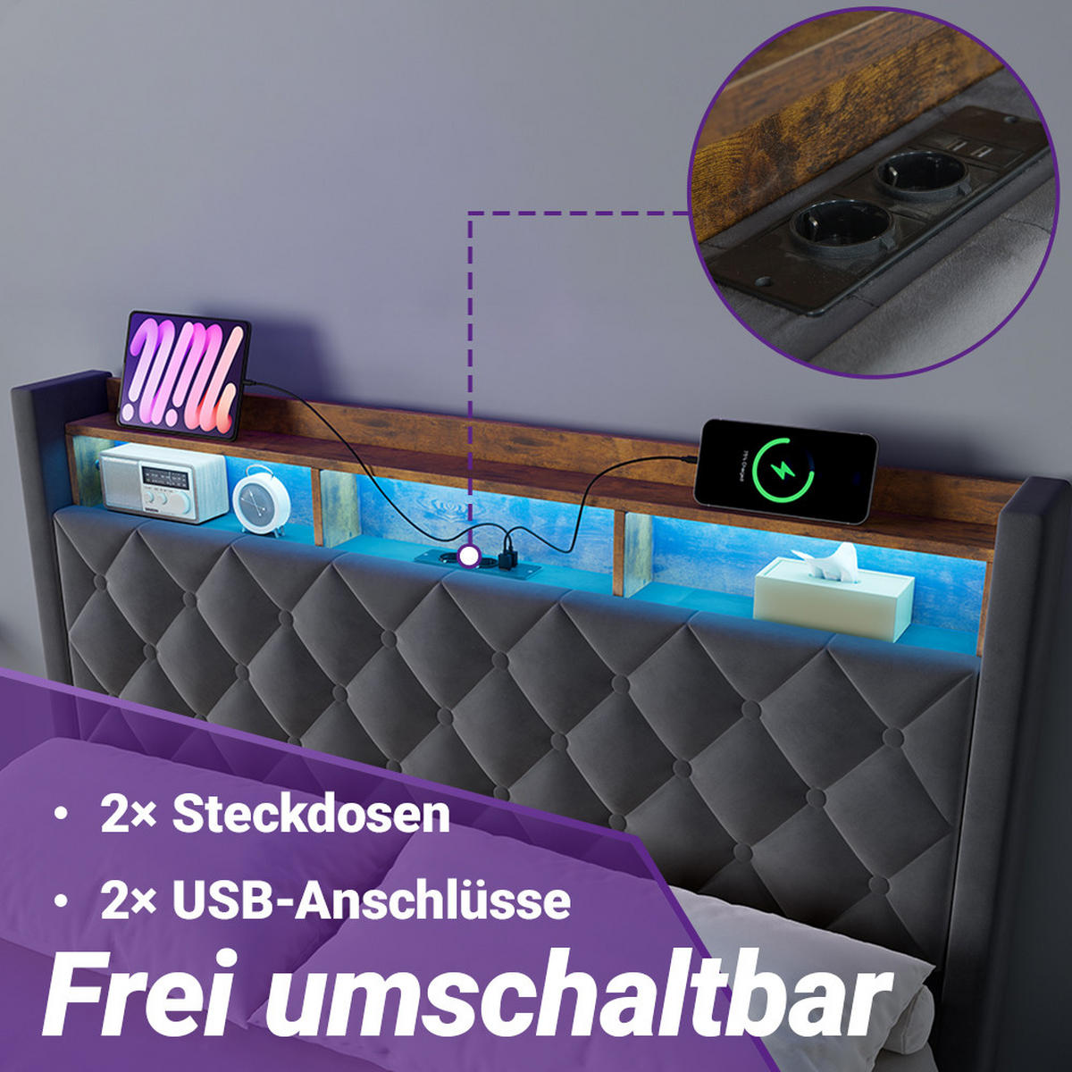 POLSTERBETT 140/200 cm mit Bettkasten und Steckdose Boxspringbett mit USB und LED-Licht Stauraumbett ohne Matratze - Grau, Holzwerkstoff/Textil (140/200cm) - STILVORA