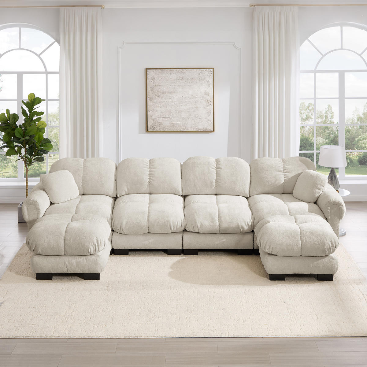 WOHNLANDSCHAFT DE-34384 U-Form mit 2 Ottomans und Steppdesign Hellkhaki - Sandfarben, Textil (149/90/330cm) - ComfortXL