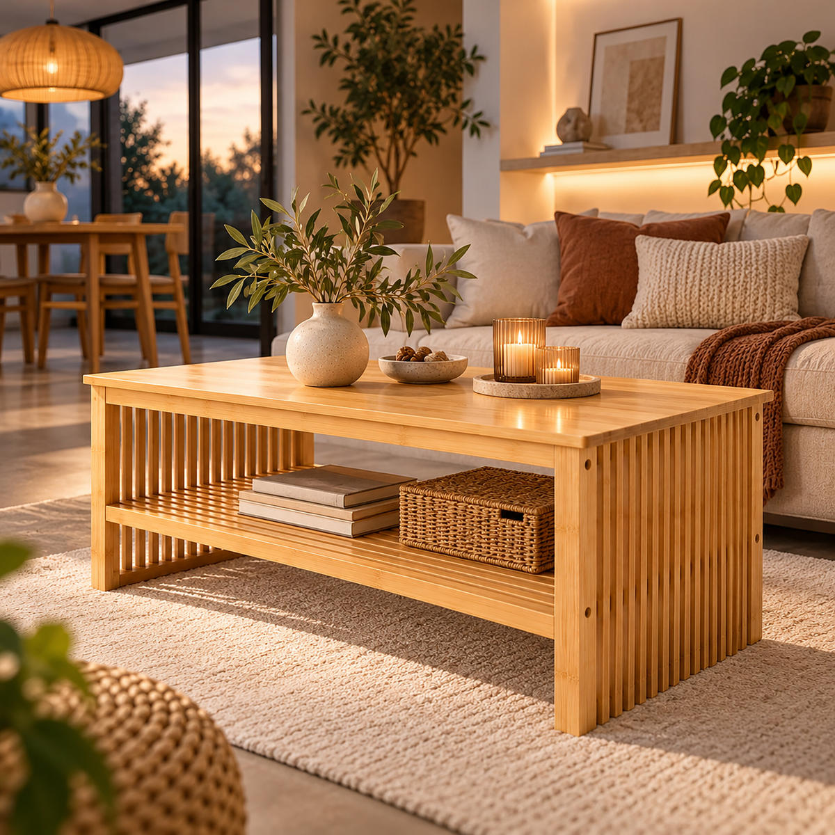 KONFERENČNÍ STOLEK Přírodní bambus s policí 98/55/46 cm - světle hnědá, dřevo (55/98/48cm) - Relaxdays