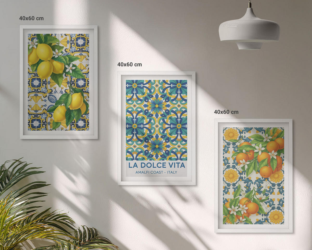 WANDBILDER 3er-Set - 40x60 cm Weißer Rahmen - Zitronen, Orangen, Blumen, Italien - Weiß, Kunststoff (40/60cm) - ArtPrintCave