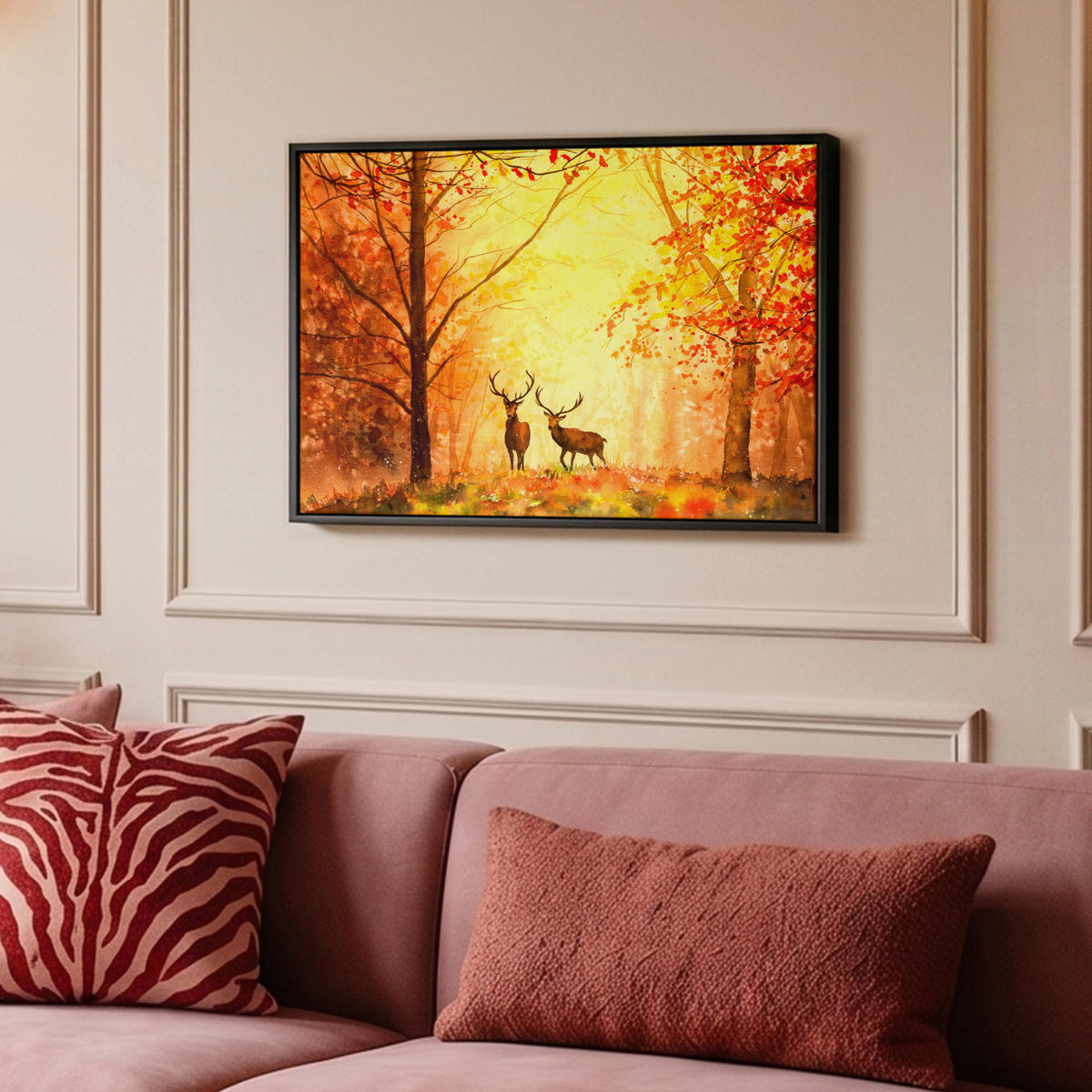 LEINWAND Bilder mit Rahmen - Natur - Ölfarbe - Hirsche - Tiere - Herbst - Orange - 60x40 - Orange, Textil (60/40cm) - MuchoWow