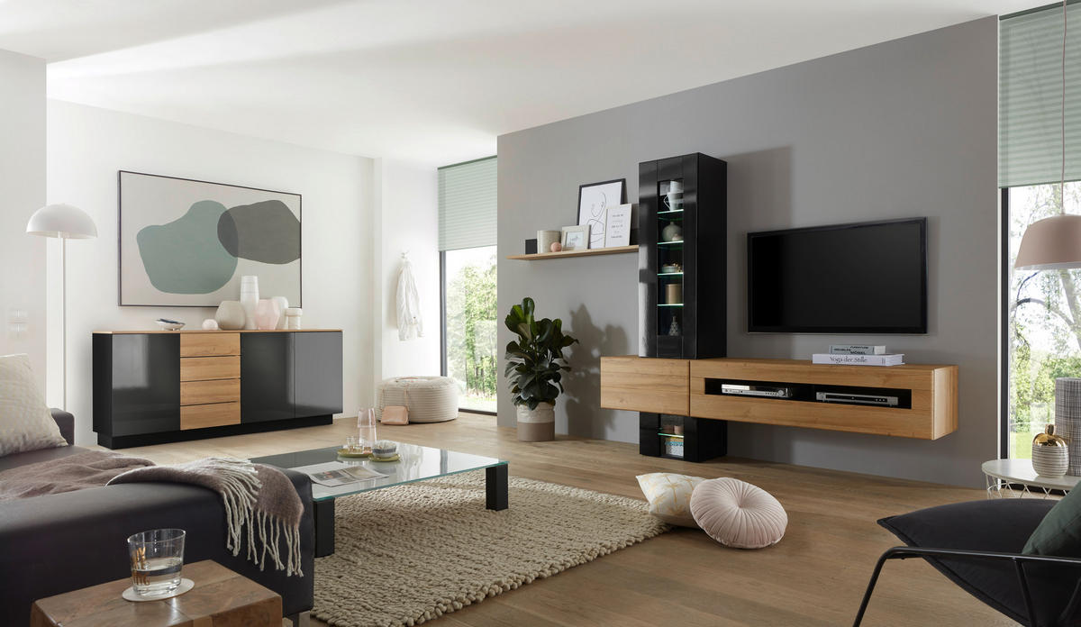SIDEBOARD M14 Schwarz Hochglanz & Grandson Oak hell 181/85/43 cm breit - Schwarz Hochglanz, Holzwerkstoff (181/85/43cm) - Livojo