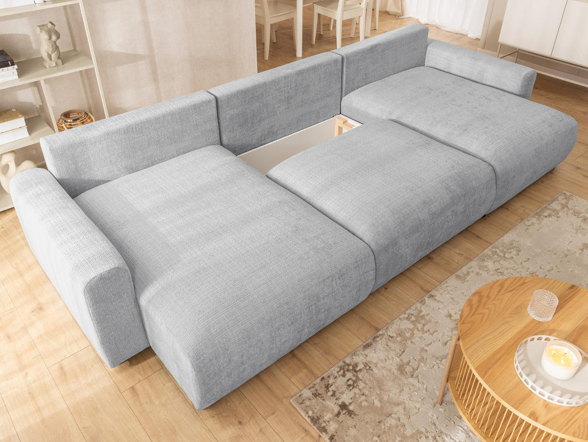 WOHNLANDSCHAFT Calma mit Schlaffunktion und Bettkasten im Bumpy-Design aus weichem Hellgrau Chenille-Stoff - Hellgrau/Schwarz, Holz/Kunststoff (336/88/140cm) - S-Style Möbel