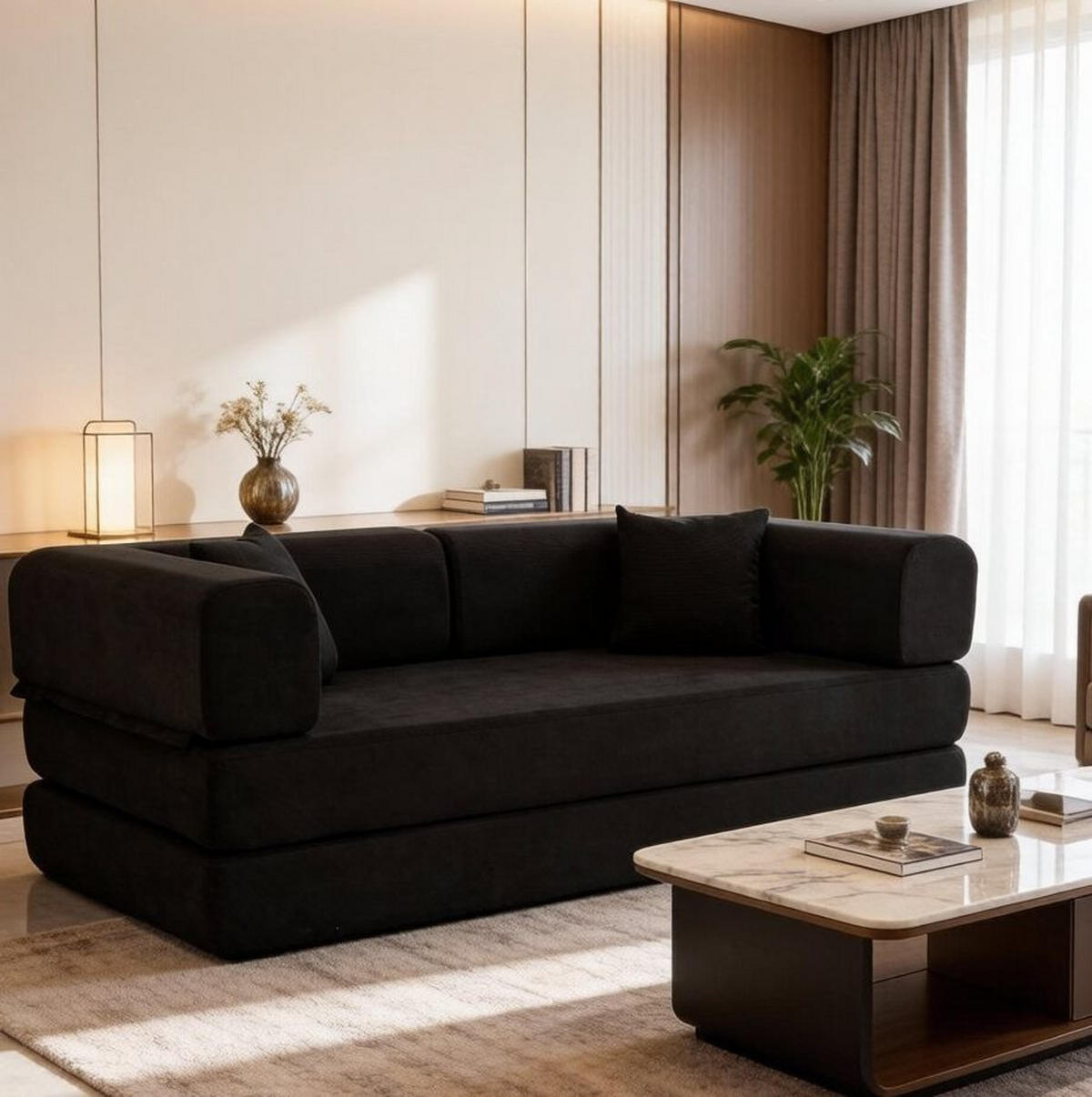 3-SITZER 200/100/70 cm Schlafsofa schwarz aus Cord mit Armlehnen - Schwarz, Textil (100/70/200cm) - OKWISH