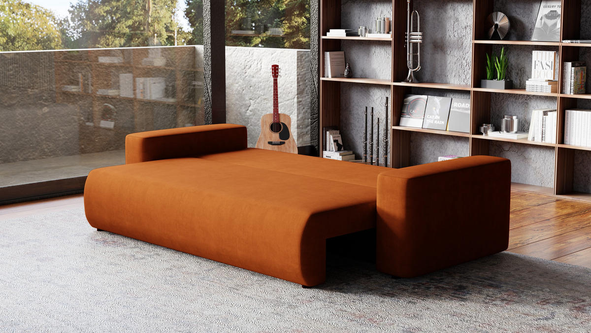 SOFA Bubi mit Bettkasten und Schlaffunktion, Velourstoff - Rostfarben, Holzwerkstoff (242/85/95cm)