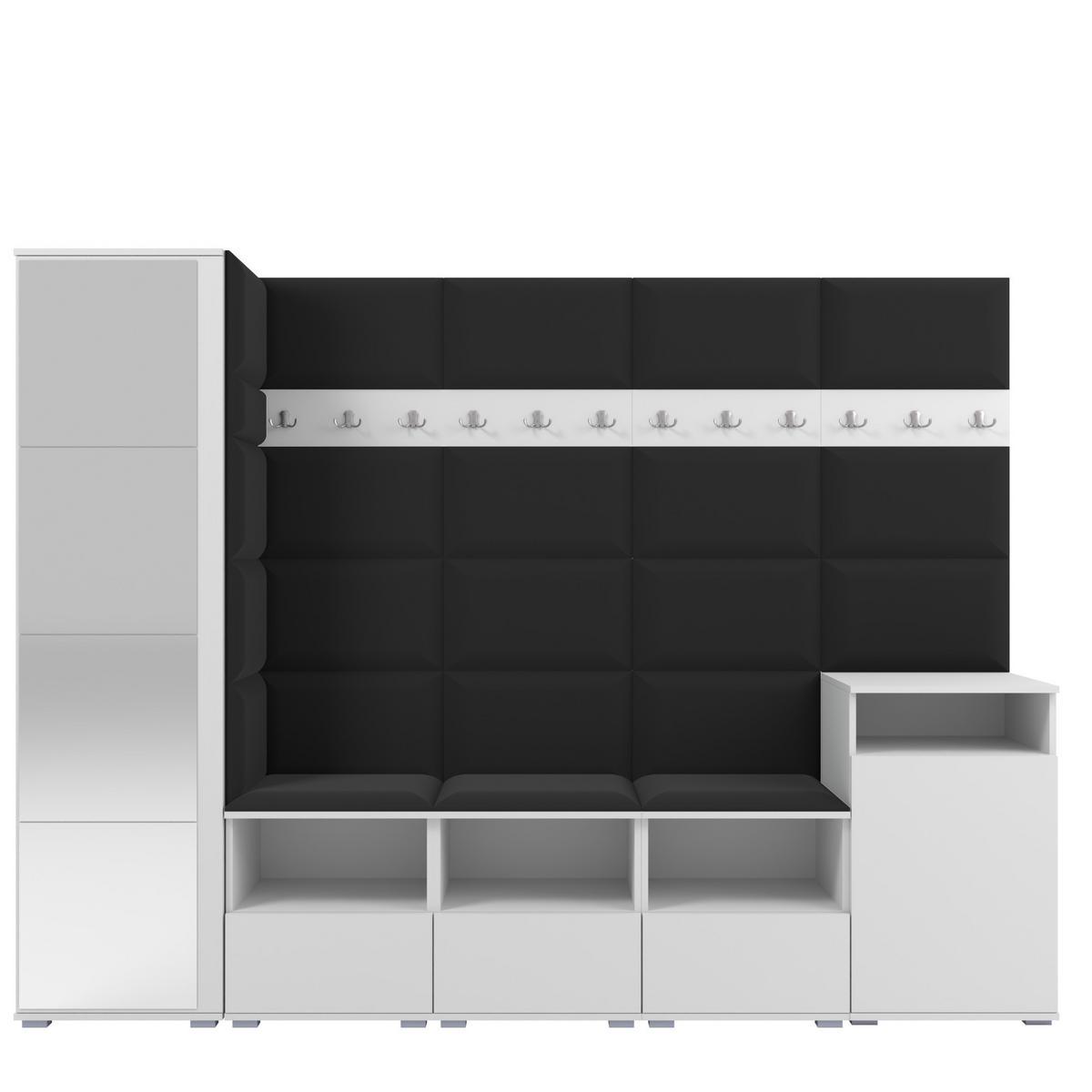 GARDEROBE NELA XI 250 cm (Modulare Flurmöbel Weiß mit Spiegel & Sitzpolster Schwarz 16 Großes Set) - Silberfarben/Schwarz, Holz/Holzwerkstoff (250/187/40cm) - Ravio