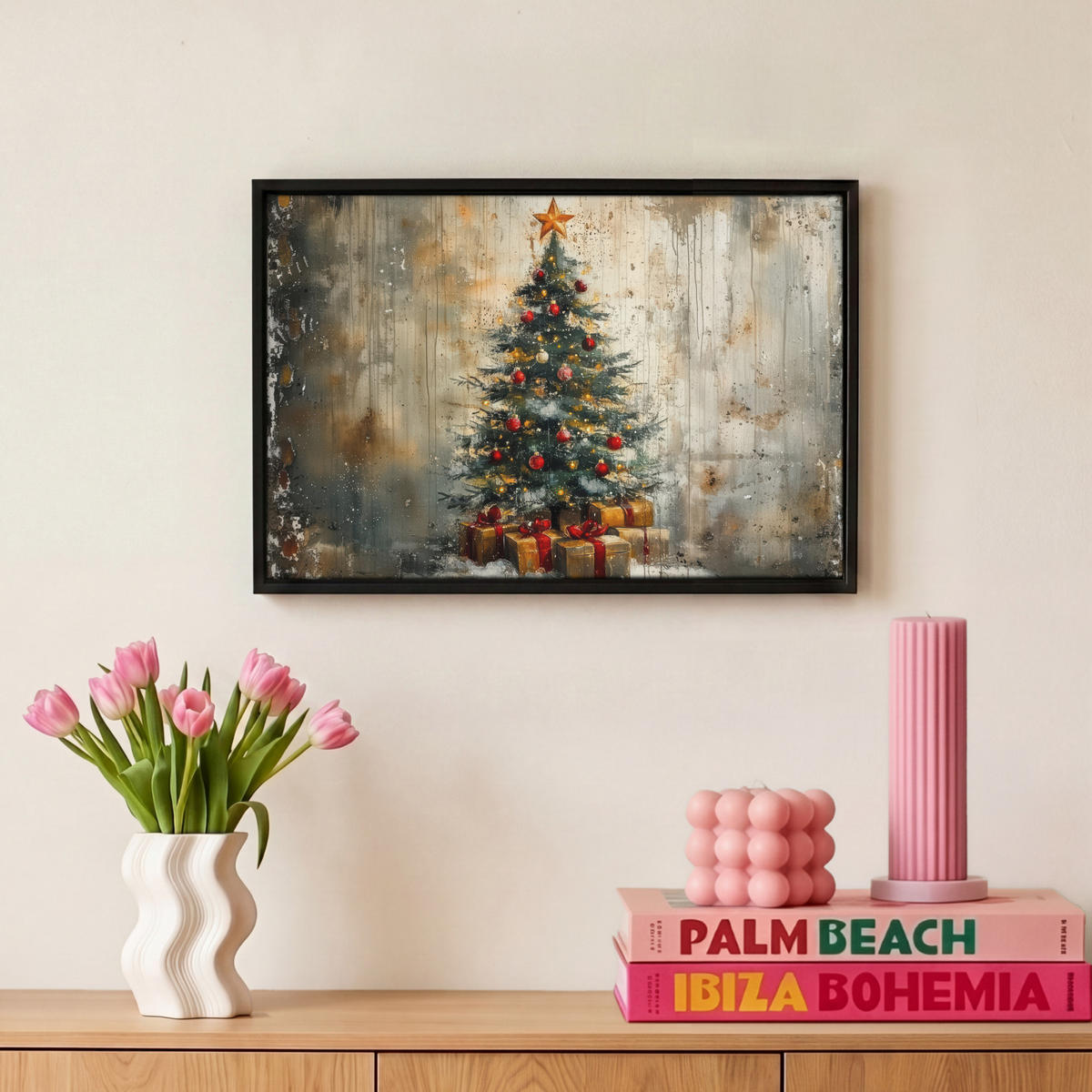 LEINWAND Bilder mit Rahmen - Weihnachtsbaum - Vintage - Weihnachten - Geschenk - 30x20 - Rostfarben, Textil (30/20cm) - MuchoWow