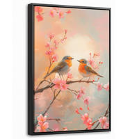 LEINWAND Bilder mit Rahmen - Rotkehlchen - Zierpflanze - Blütenzweig - 40x60 - Hellrosa, Textil (40/60cm) - MuchoWow