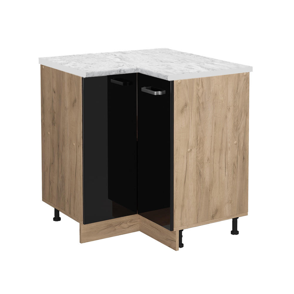 ECKUNTERSCHRANK R-Line Schwarz Hochglanz 75.6 cm AP Marmor - Honigeiche/Schwarz Hochglanz, Holzwerkstoff (75.6/81.6/60cm) - Vicco