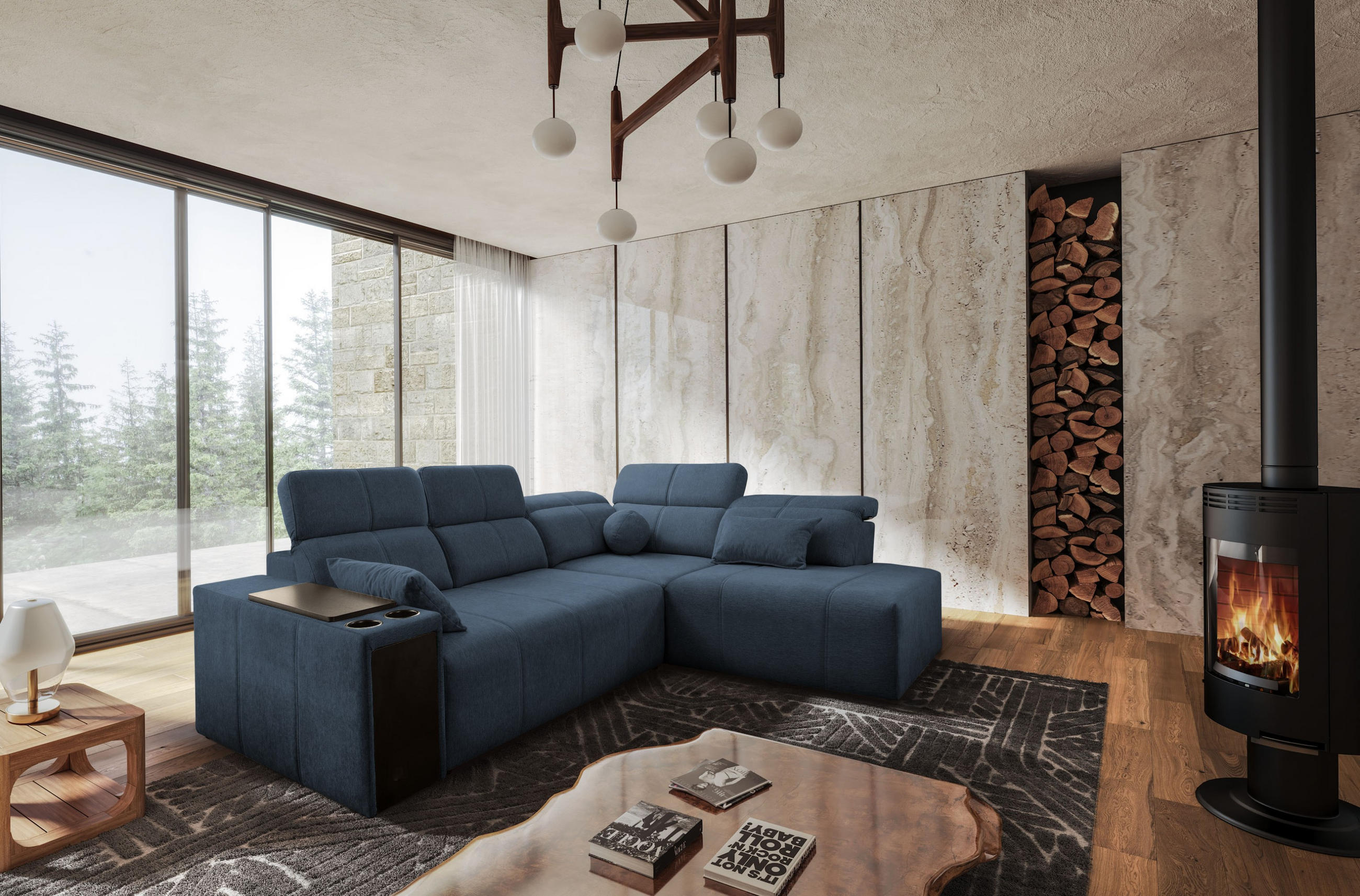 ECKSOFA Mindy VII mit Schlaffunktion und verstellbarer Rückenlehne, Stoff Verita Blau Rechts - Blau, Holz/Textil (288/230cm) - Kaiser Möbel