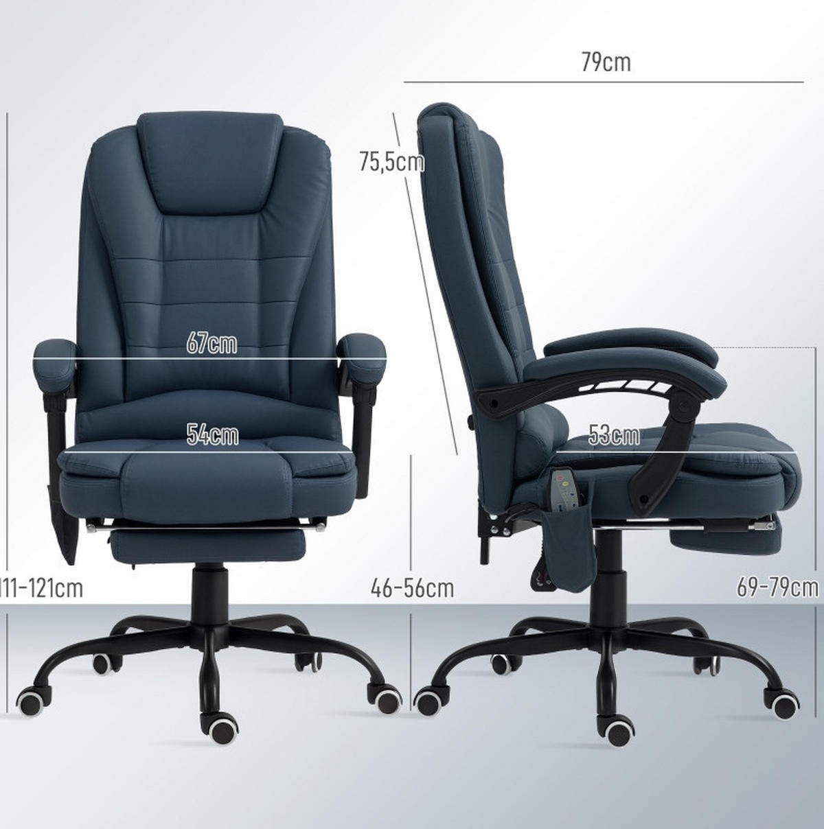 DREHSTUHL 67/67/111-121 cm blau aus Kunstleder mit Massagefunktion und Fußstütze - Blau, Leder (67/121/67cm) - OKWISH