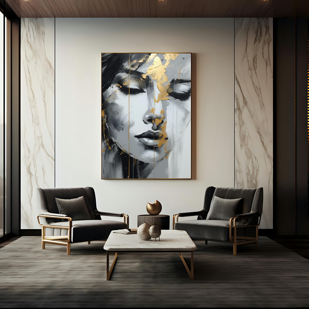 LEINWANDBILD Frau Porträt Gesicht Abstraktion Glamour 80/120 cm - Beige/Schwarz, Textil (80/120cm) - Muralo