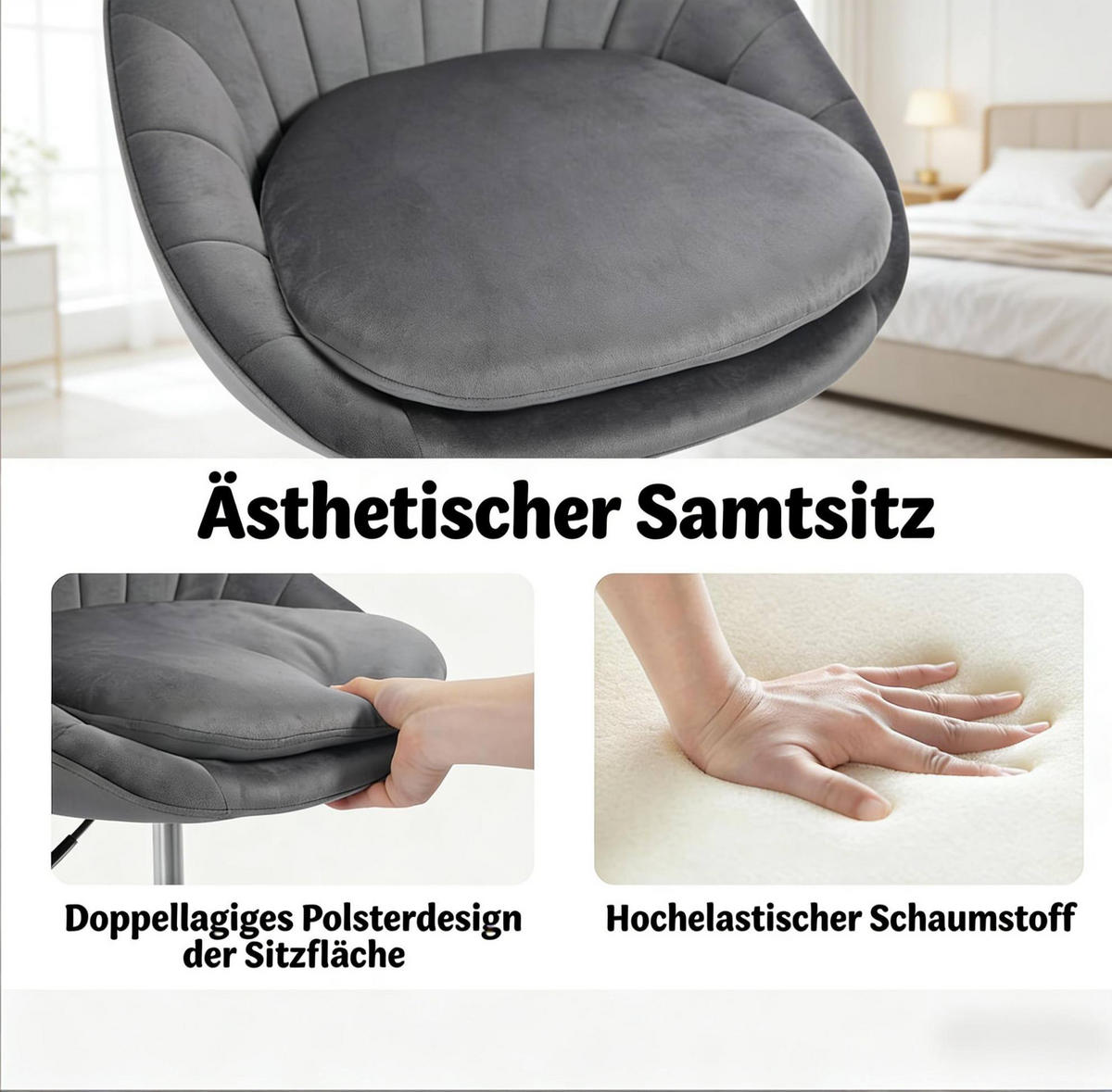 DREHSTUHL 52/52/72-82 cm Dunkelgrau aus Samt und Metall mit Rollen - Dunkelgrau, Metall (47.5/82/52cm) - OKWISH