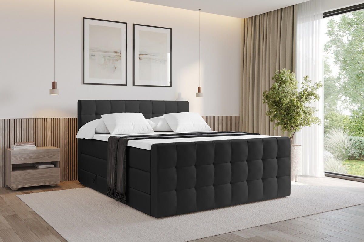 BOXSPRINGOVÁ POSTEL s matrací H3/H4 - IGAN-Z KING - 120x200 cm Černá - vysoce lesklá černá, kompozitní dřevo (123/200cm) - ALTDECOR
