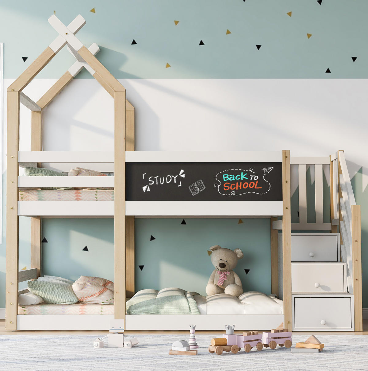 HAUSBETT 90/200 cm in Weiß mit Stauraumtreppe und Tafel im Baumhaus-Design - Weiß, Holzwerkstoff (90/200cm) - Flora Grace