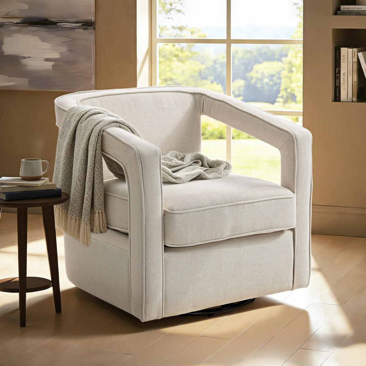 SESSEL Wohnzimmer drehbar Loungesessel mit einteilig Rückenlehne und Armlehnen - Beige/Schwarz, Textil/Metall (75/72/77cm) - HOMCOM