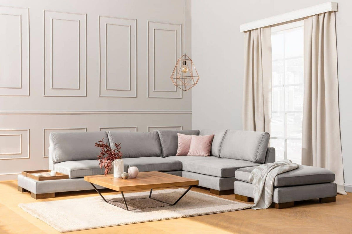 ECKSOFA mit Hocker und Lounge-Design - Walnussfarben/Hellgrau, Holz/Textil (193/313cm) - myHomelando