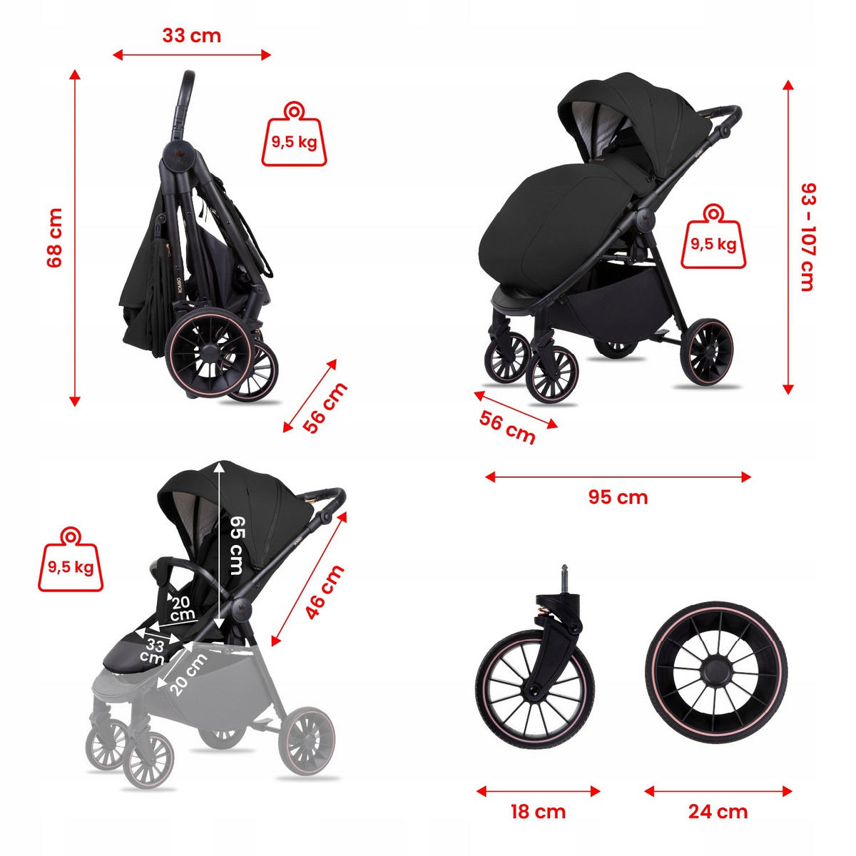 BUGGY Rombo, Klein und Leicht, Teleskopische Führung, Kompakt Faltbar, Wickeltasche, Reisetasche - Schwarz, Textil/Metall (58/98cm) - BabyLux