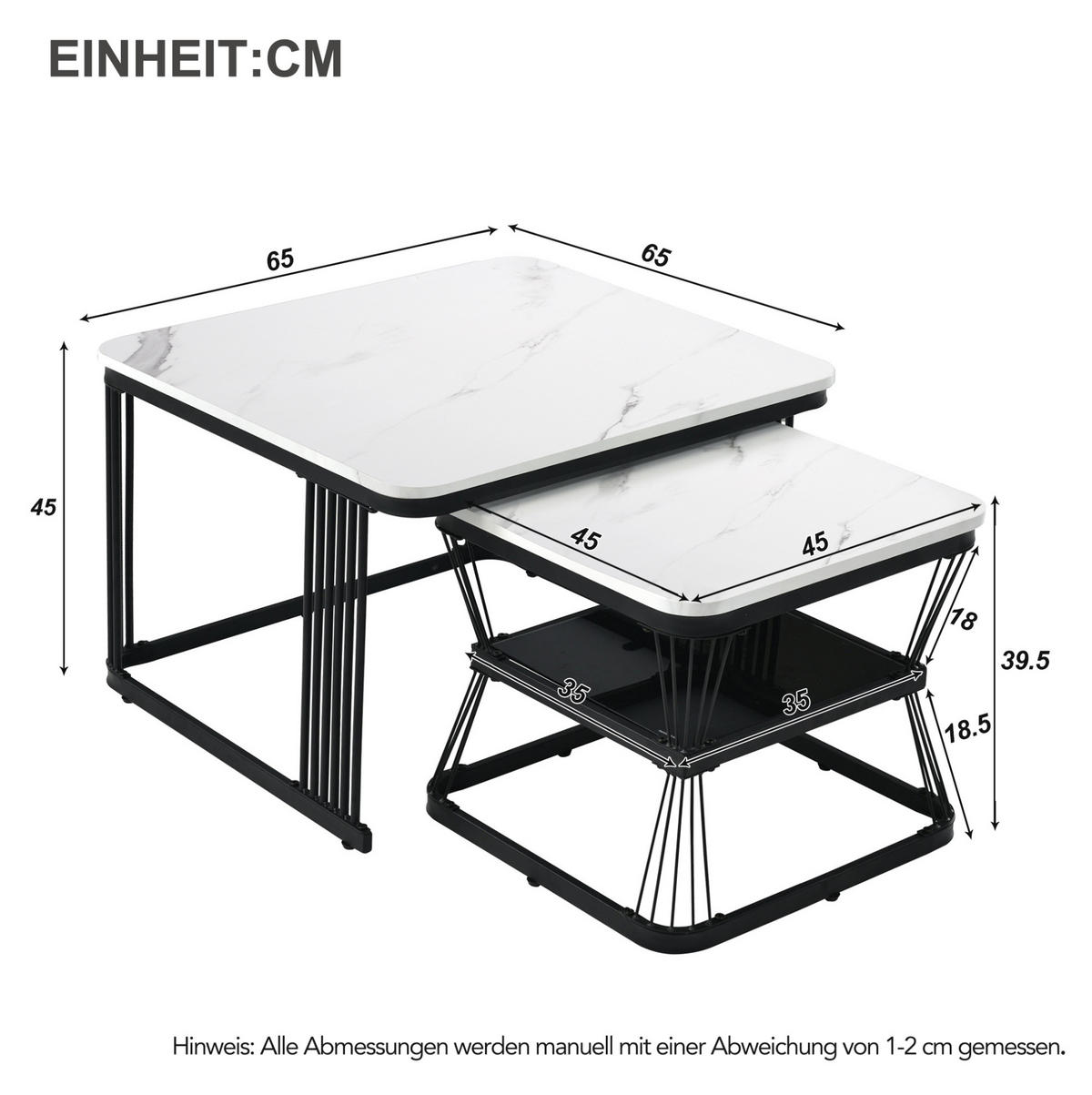 COUCHTISCH-SET aus MDF 65x65x45 cm Weiß in Marmoroptik mit schwarzen Stahlbeinen - Weiß, Holzwerkstoff (65/65/45cm) - IVMEU