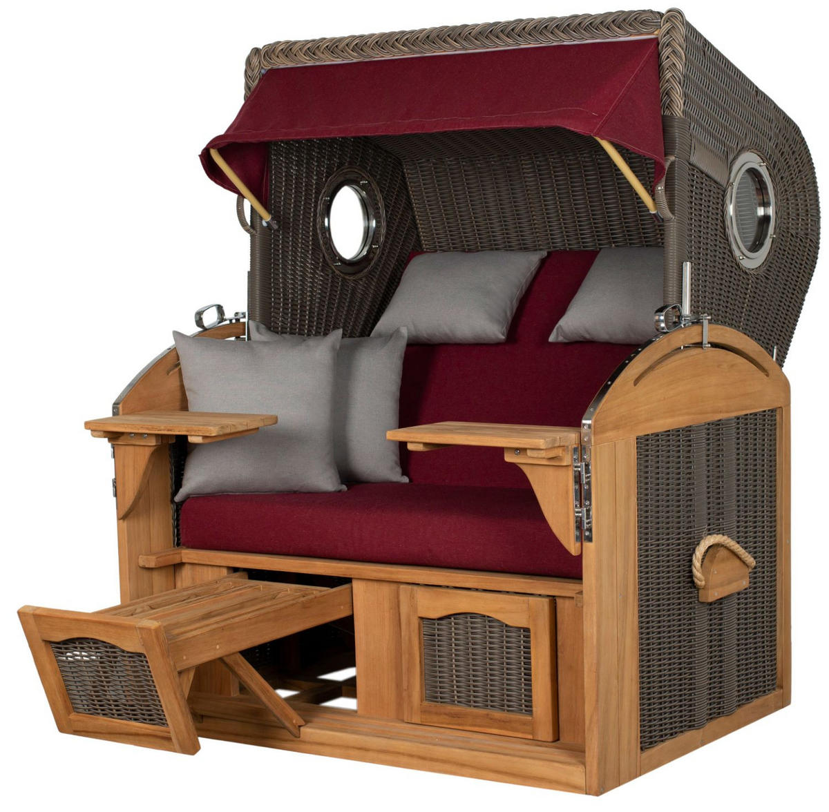 STRANDKORB Komplettset: Borkum XL Teak Bullauge - PE grau - Modell 594 - Rot/Grau, Holz/Kunststoff (142/170/95cm) - bene living