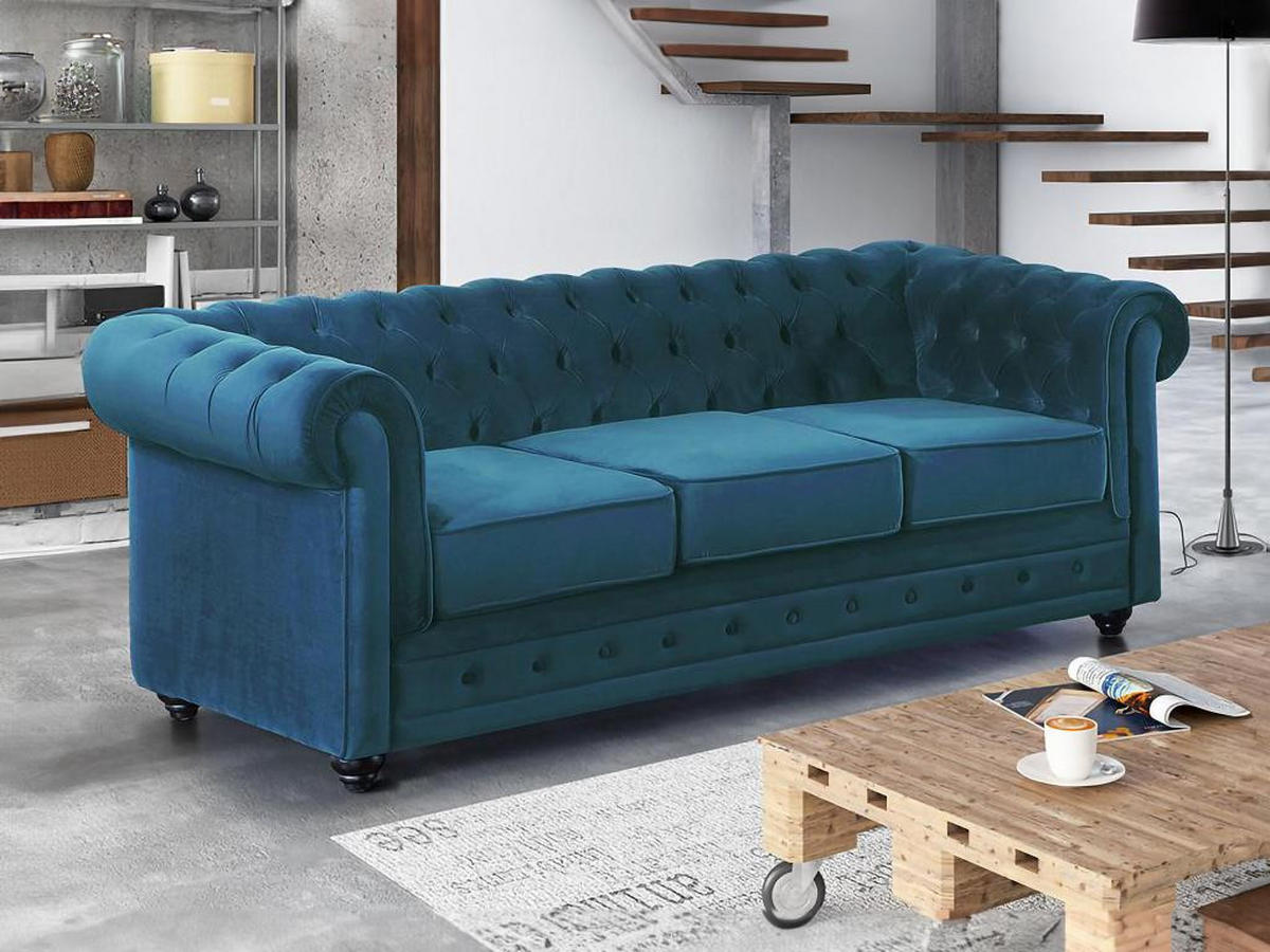 SOFA 3-Sitzer - Samt - Grünblau - CHESTERFIELD - Petrol, Textil (88/72/205cm) - Vente-Unique