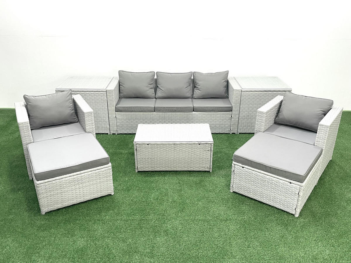 GARTENMÖBELSET mit 3-SITZER SOFA,COUCHTISCH Polyrattan Hellgrau-Mix 7-Sitzer - Hellgrau/Grau, Glas/Kunststoff - Fimous