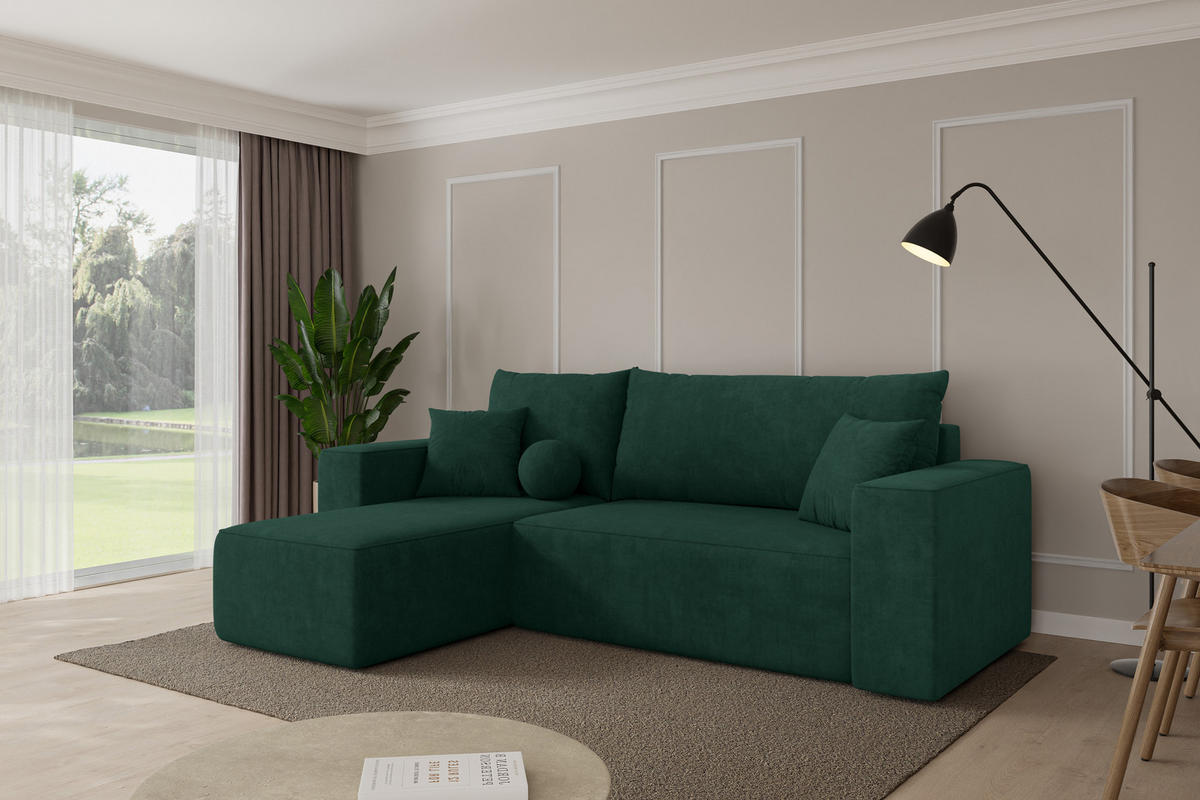 ROHOVÁ SEDAČKA s funkcí spaní, otoman vlevo SENO-L 249x139x85 zelená velur - černá/zelená barva, kompozitní dřevo/textil (249/139cm) - ALTDECOR