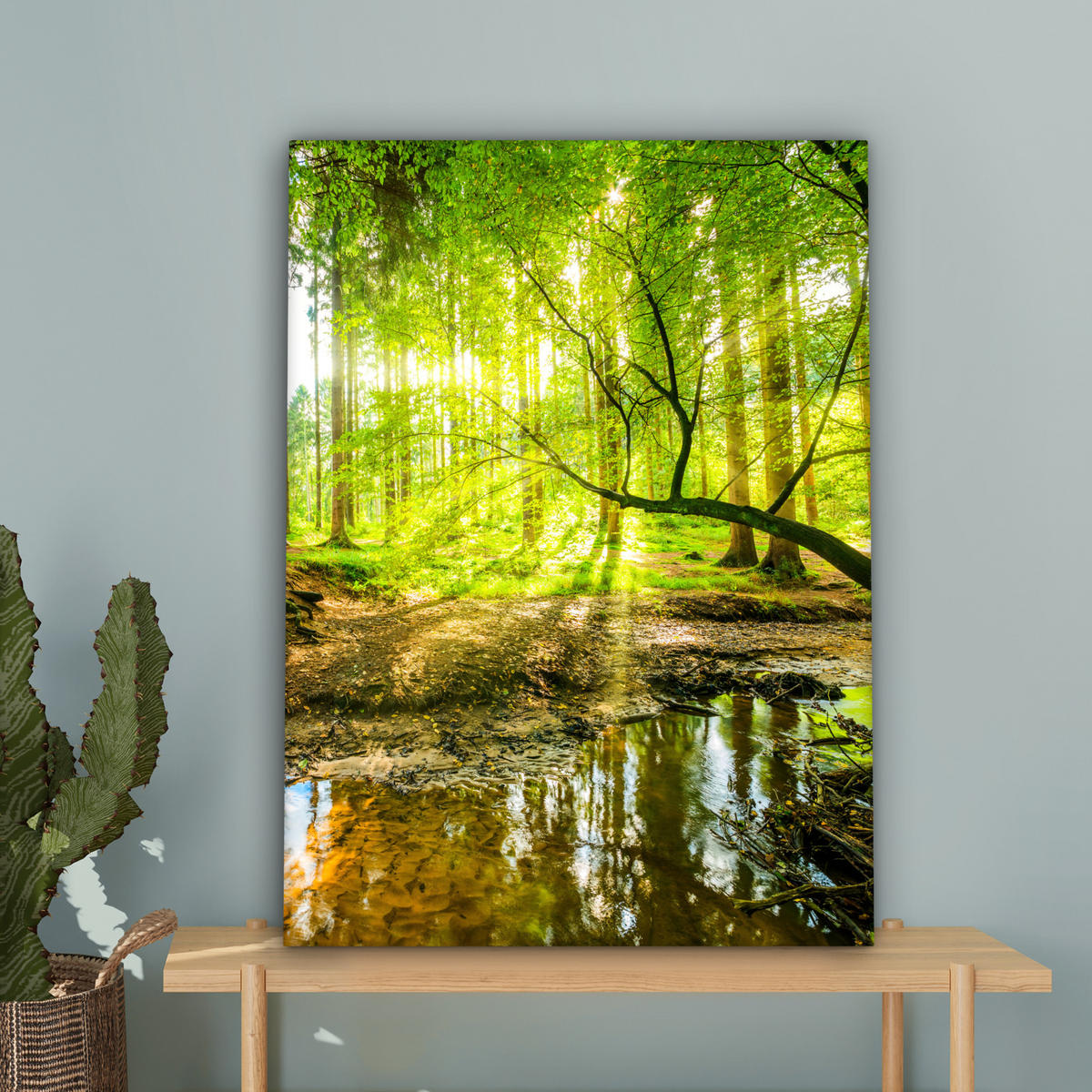 LEINWANDBILD Wald - Landschaft - Wasser - Bäume - Sonne - Grün - Natur 60x80 cm - Grün, Textil (60/80cm) - MuchoWow