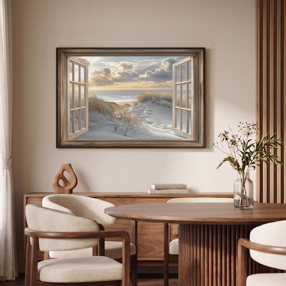 LEINWAND Bilder mit Rahmen - Ausblick - Strand - Dünen - Meer - Natur - 90x60 - Sandfarben, Textil (90/60cm) - MuchoWow