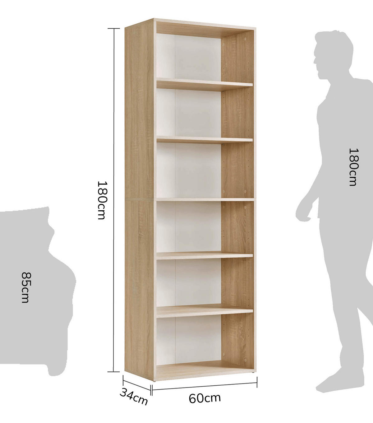 BÜCHERREGAL Der Bücherwurm - Sonoma Eiche, Holzwerkstoff (60/180/34.5cm) - Mokebo