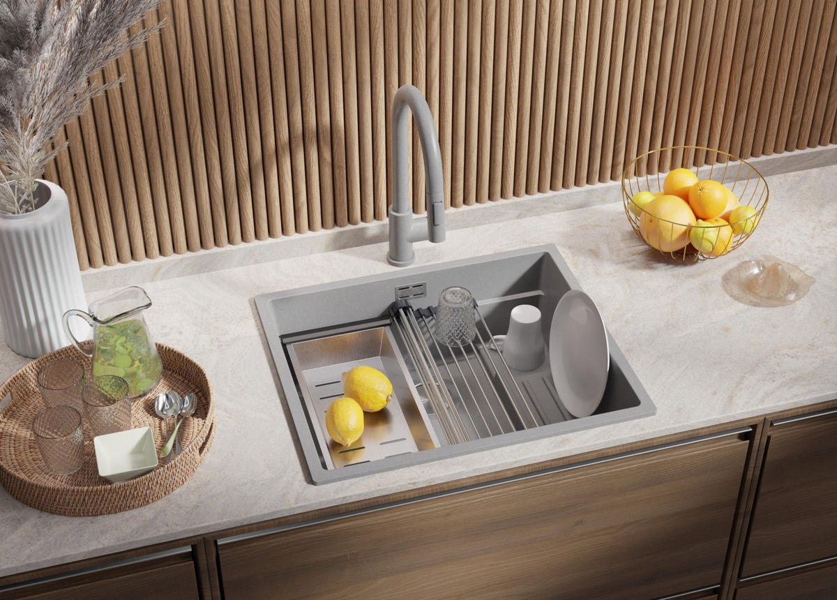 GRANITSPÜLE Praga Slim, 2-er set Grau 56/47 cm 1 Becken + Küchenarmatur 38/14 cm + Ablauf-Set + Aufrollbare Abtropffläche ab 60er Unterschrank - Chromfarben/Grau, Kunststoff (56/20/47cm) - Primagran