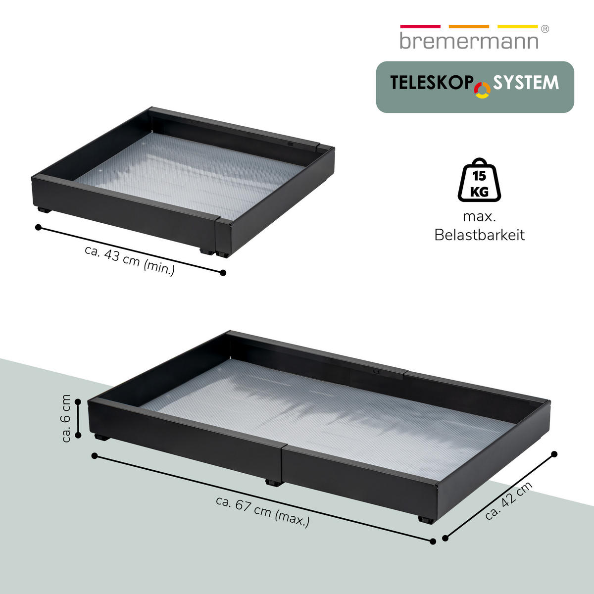 TELESKOPSCHUBLADE, ausziehbar, Metall, schwarz - Schwarz, Metall (67/6/42cm) - bremermann