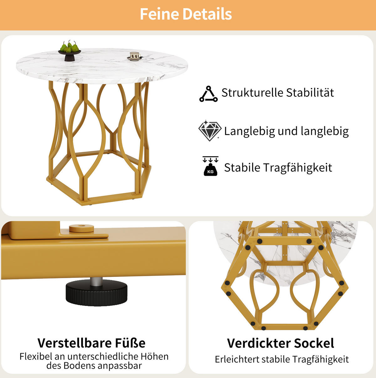 ESSTISCH 100/100/76 cm goldfarben weiß mit verstellbaren Fußgleitern aus MDF und Metall - Goldfarben, Holzwerkstoff (100/100/76cm) - OKWISH