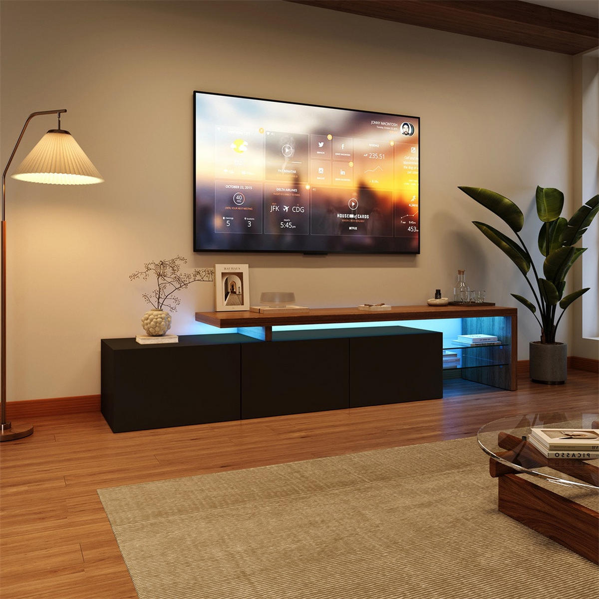 TV-LOWBOARD - TV-Schrank mit LED-Beleuchtung - offenem Glasregal und Stauraum - Schwarz+Natur - Schwarz, Holzwerkstoff (39/42/200cm) - DELFA