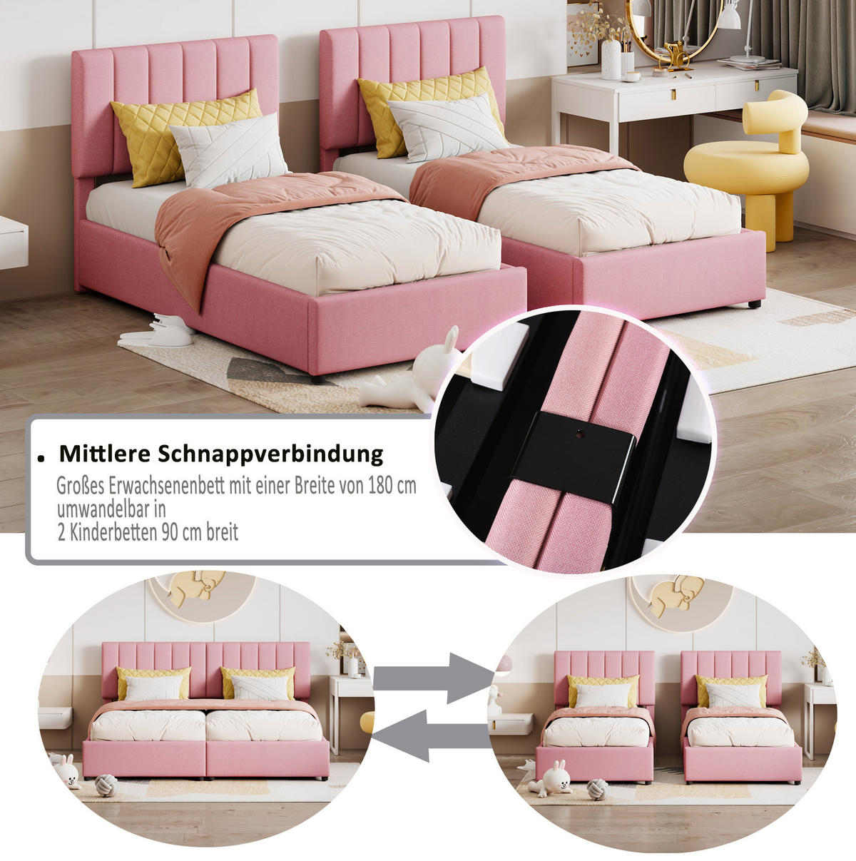POLSTERBETT mit hydraulischem Stauraum 180x200 cm Rosa - Pink, Metall (180/200cm) - Meubliv