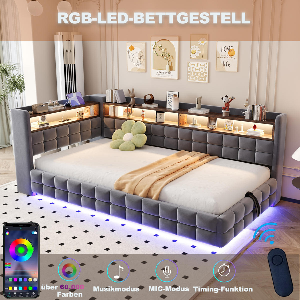 SCHLAFSOFA 90/200 cm in Grau Samt mit Bettkasten, Regal, LED und USB - Dunkelgrau, Holzwerkstoff/Textil (90/200cm) - WISHDOR