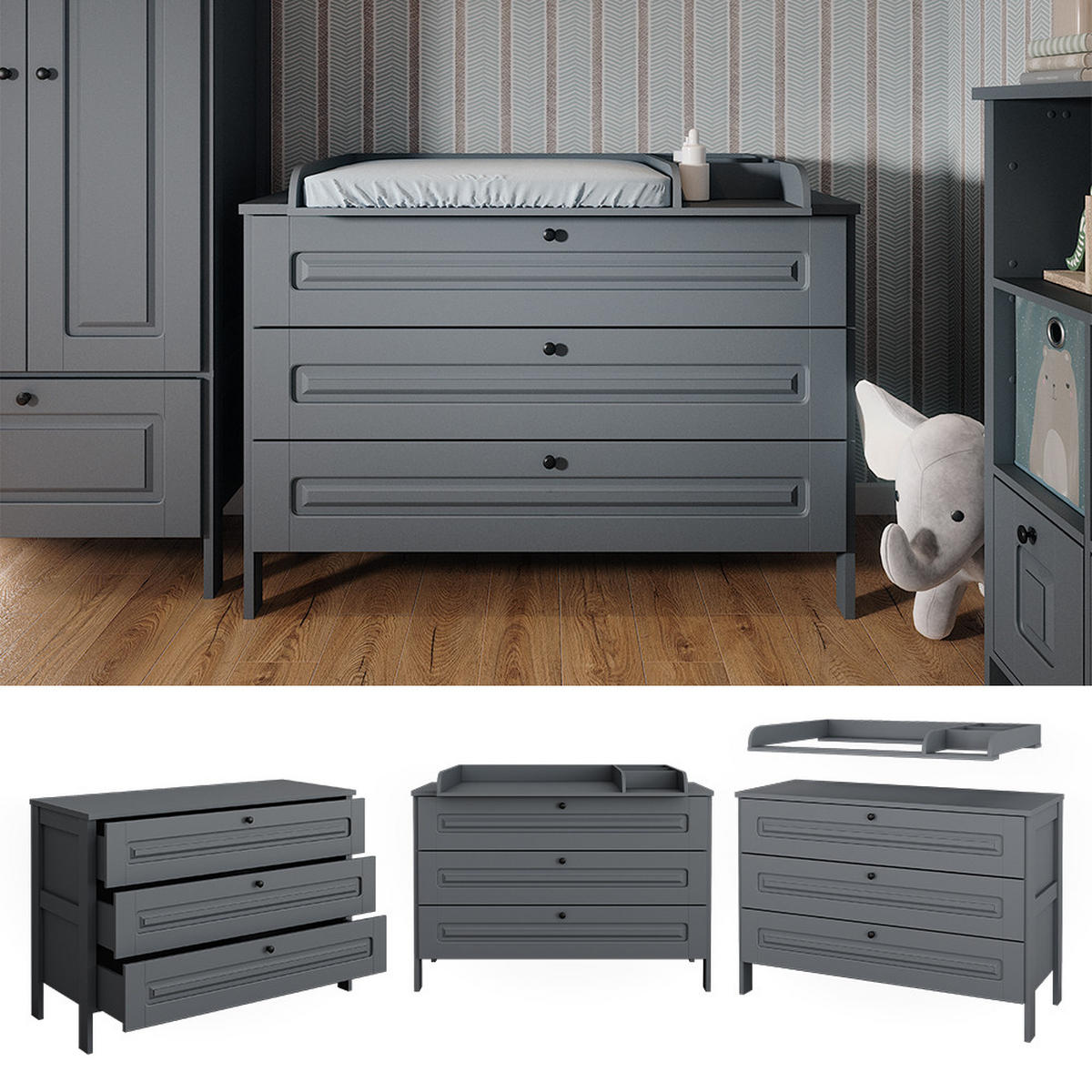 WICKELKOMMODE Ajaton Grau 133 x 98.4 cm mit 3 Schubladen - Grau, Holzwerkstoff (133/98.4/70cm) - VitaliSpa