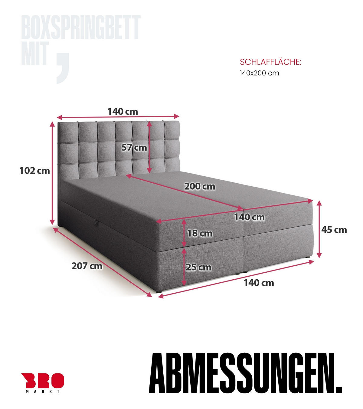 BOXBETT Detroit mit Topper 140/200 Grau - Grau, Textil (140/200cm) - Bromarkt