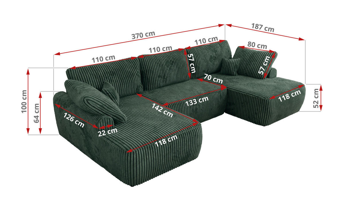 WOHNLANDSCHAFT CUBO U Grün Cord - Schwarz/Grün, Kunststoff/Textil (370/100/187cm) - MKS