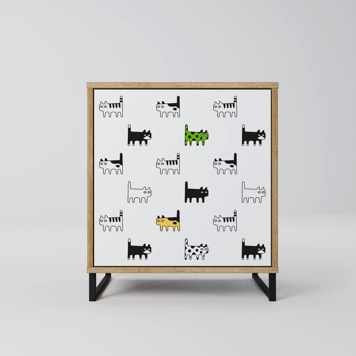 SIDEBOARD CATS COMPILATION, Eichefarben, 57,5x42x72,5 cm, Schwarze Metallfüße - Eichefarben/Multicolor, Holzwerkstoff/Metall (57.5/72.5/42cm) - SpaceRebels